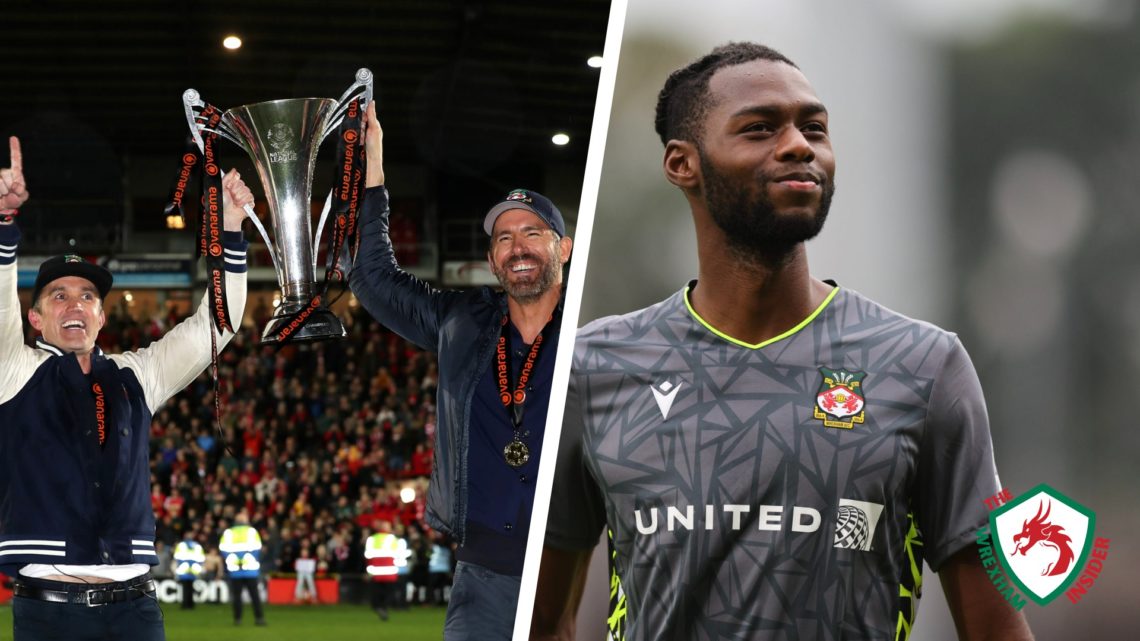 Split image of Wrexham co-owners Ryan Reynolds and Rob McElhenney celebrating promotion from the National League, and Wrexham goalkeeper Arthur Oko...
