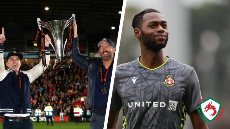 Split image of Wrexham co-owners Ryan Reynolds and Rob McElhenney celebrating promotion from the National League, and Wrexham goalkeeper Arthur Oko...