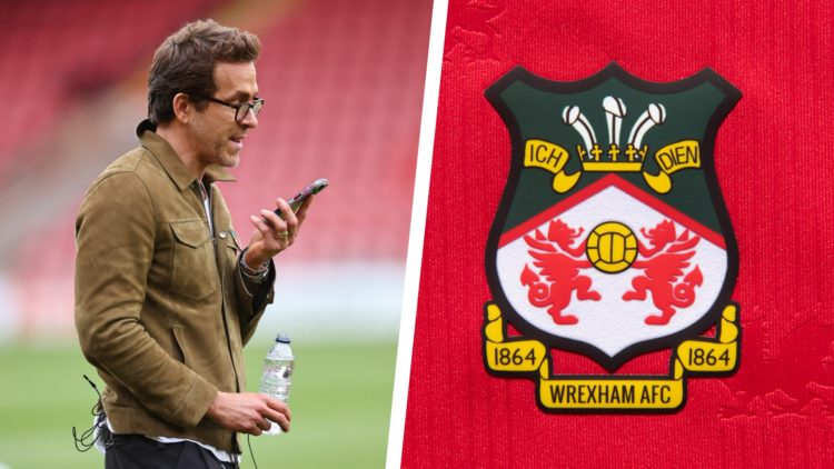 Split image of Wrexham co-owner Ryan Reynolds speaking on the phone, and the Wrexham AFC club badge.