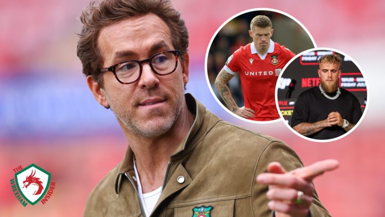 Wrexham co-owner Ryan Reynolds. Inset a picture of Wrexham player James McClean and boxer Jake Paul during a press conference.