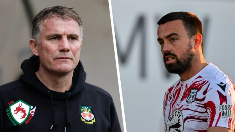Split image of Wrexham AFC manager Phil Parkinson and Wrexham AFC defender Eoghan O'Connell before a game.