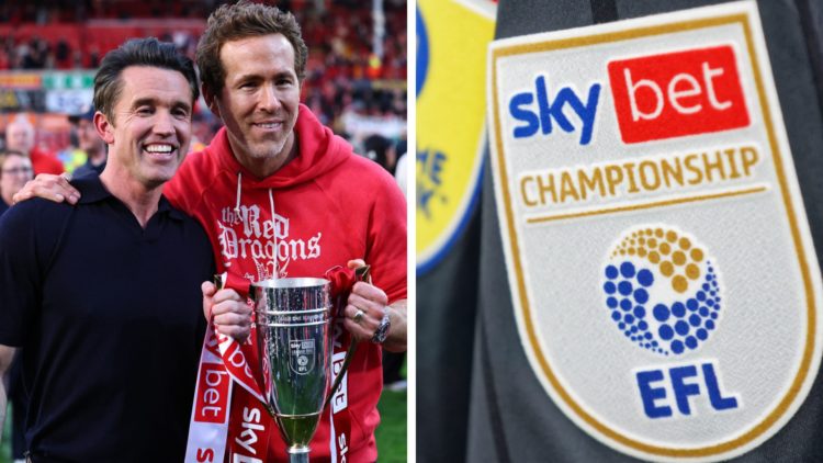 Wrexham owners Rob McElhenney and Ryan Reynolds celebrate promotion to the Championship. EFL Championship logo on a shirt.