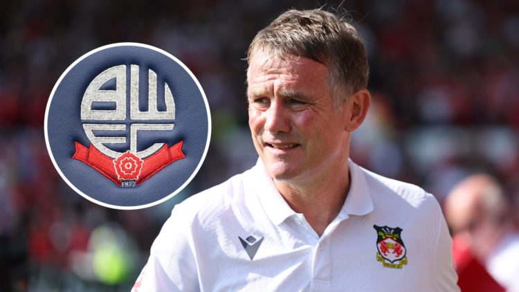 Wrexham manager Phil Parkinson. Inset, Bolton Wanderers badge.