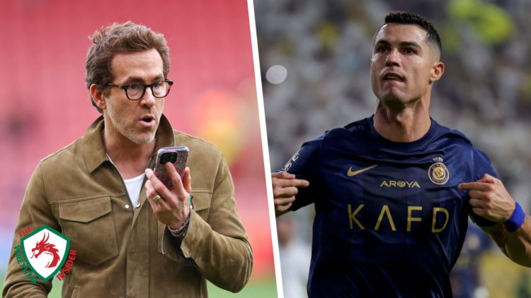 Split image of Wrexham co-owner Ryan Reynolds talking on the phone, and Cristiano Ronaldo celebrating a goal for Al-Nassr.