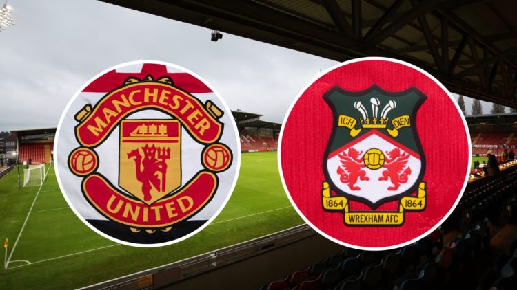 View of Wrexham's stadium the Racecourse Ground. Wrexham badge. Manchester United badge.
