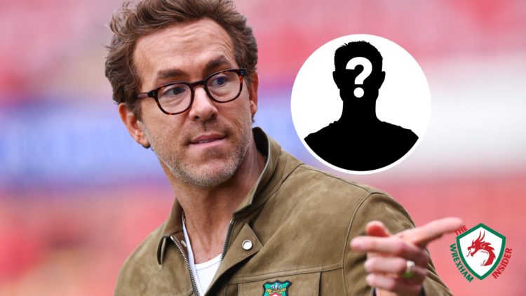 Wrexham co-owner Ryan Reynolds pointing. Inset a picture if a mystery player.