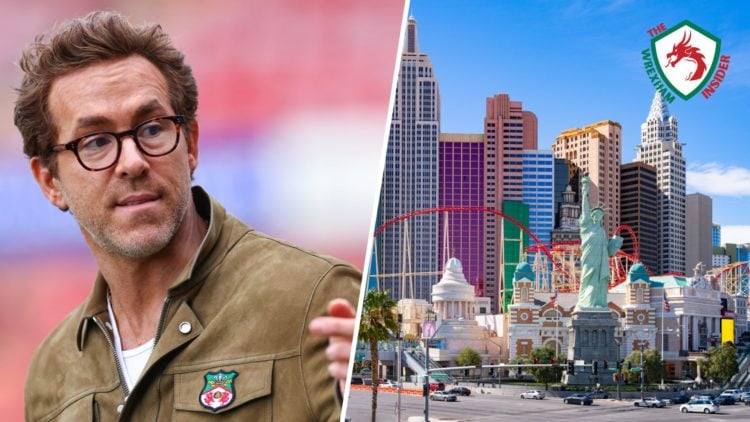 Split image of Wrexham co-owner Ryan Reynolds and a general view of the Las Vegas casinos.