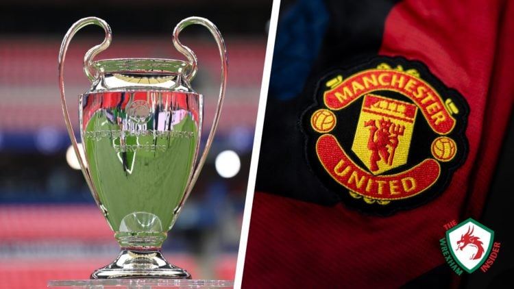 Split image of the Champions League trophy and the Manchester United club badge on an official jersey.