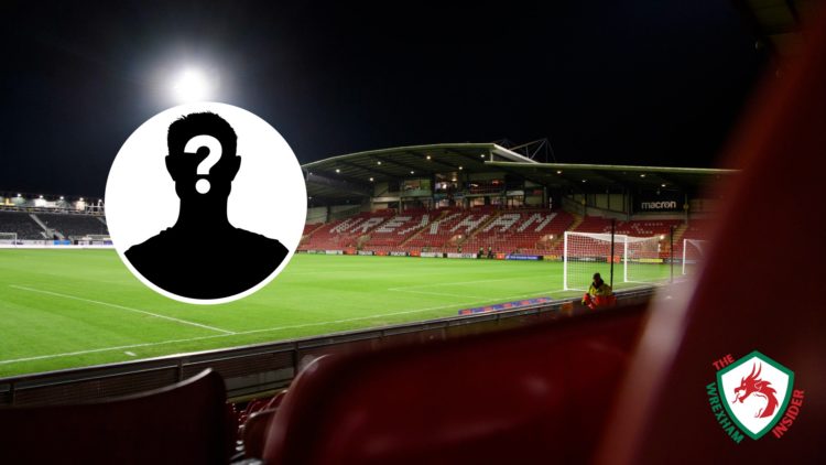 A general image of Wrexham AFC's Racecourse Stadium. Inset a picture of a mystery player.