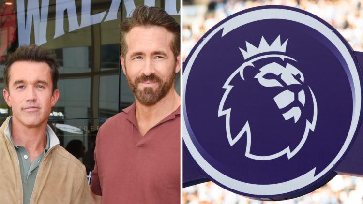 Wrexham co-owners Ryan Reynolds and Rob McElhenney look on. Premier League arch at a stadium.