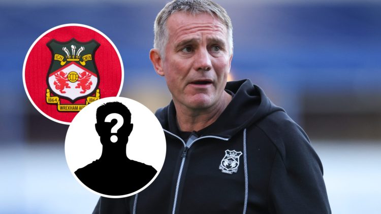 Wrexham manager Phil Parkinson. Inset, Wrexham badge and mystery player graphic.