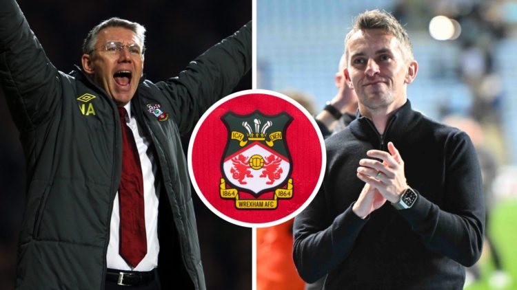 Split image of Nigel Adkins (L) and Kieran McKenna (R). Inset, Wrexham badge.