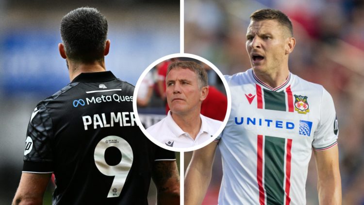 Ollie Palmer of Wrexham AFC and Meta Quest logo sponsor on back of the shirt during the Sky Bet League One match between Charlton Athletic FC and W...