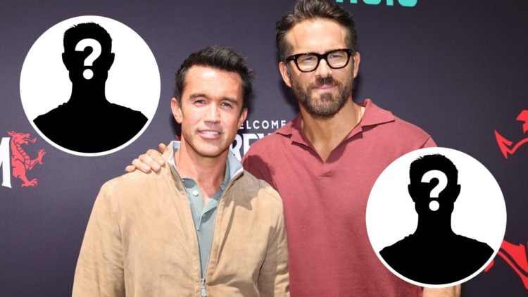 Wrexham owners Rob McElhenney and Ryan Reynolds. Inset, mystery player graphics.