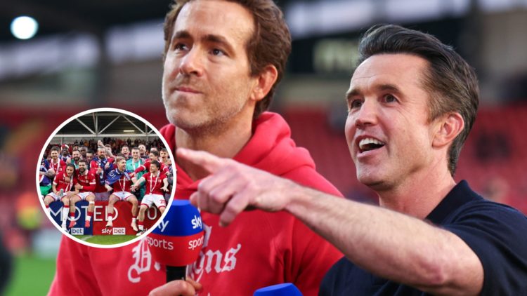 Wrexham owners Rob McElhenney and Ryan Reynolds. Inset, the Wrexham squad celebrate promotion.