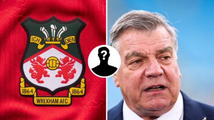 Split image of the Wrexham badge and Sam Allardyce with mystery inset