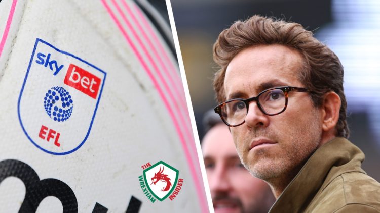 Split image of the official EFL logo printed on an official EFL football, and Wrexham co-owner Ryan Reynolds looking on.