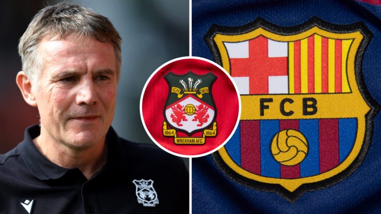 Wrexham manager Phil Parkinson looks on. Wrexham badge on a shirt. FC Barcelona badge on a club shirt