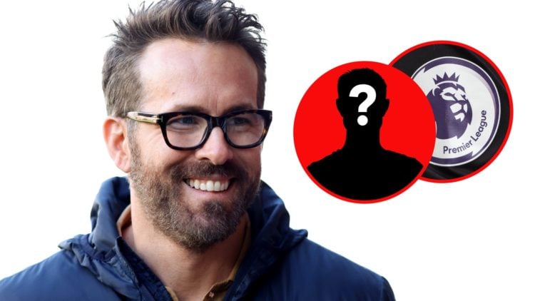 Ryan Reynolds looks on at a Wrexham game. Premier League logo on a shirt.