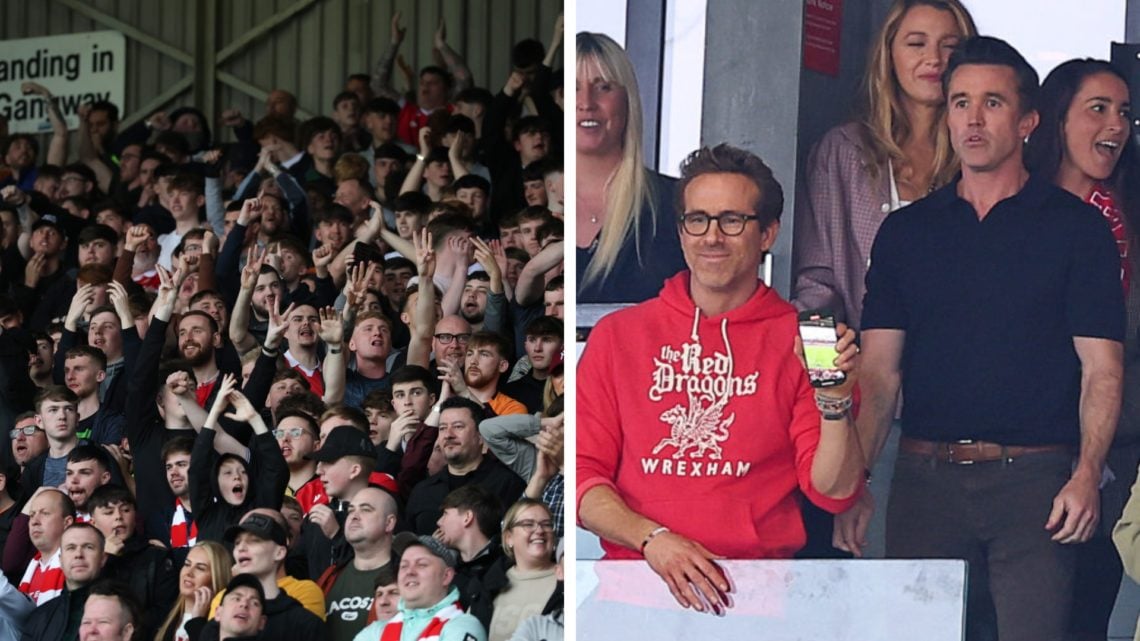 Wrexham co-owners Ryan Reynolds and Rob McElhenney look from the stands at the Racecourse Ground. View of Wrexham fans at the club's stadium.