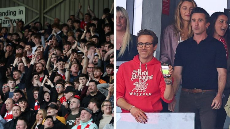 Wrexham co-owners Ryan Reynolds and Rob McElhenney look from the stands at the Racecourse Ground. View of Wrexham fans at the club's stadium.
