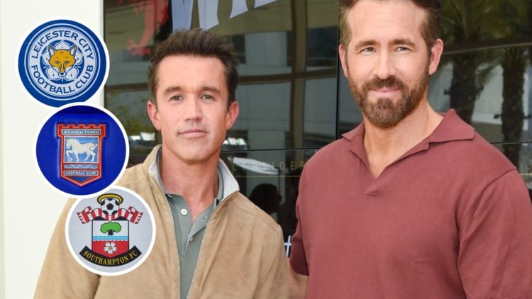 Wrexham owners Rob McElhenney and Ryan Reynolds. Inset, Leicester, Ipswich and Southampton badges.