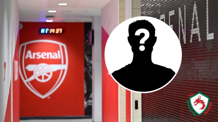 A general view of the club badge and branded tiling inside the Arsenal dressing room. Inset a picture of a mystery player.
