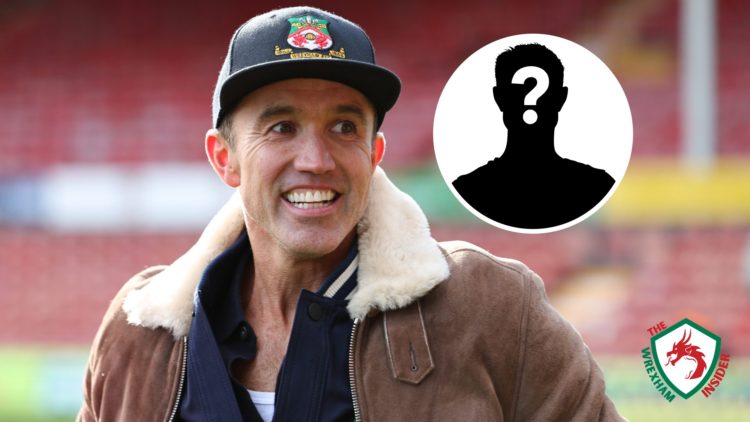 Wrexham co-owner Rob McElhenney walks along the touchline at Wrexham's Racecourse ground. Inset a picture of a mystery player.