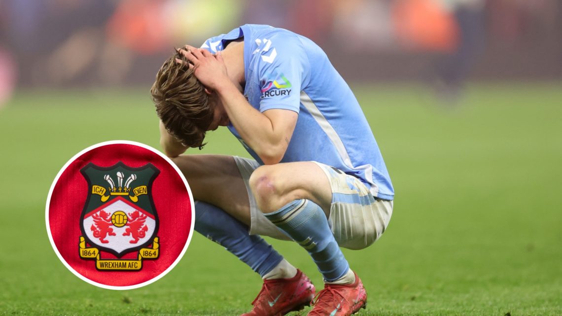 Coventry City star Jack Rudoni holds his head in his hands. Inset, Wrexham badge.