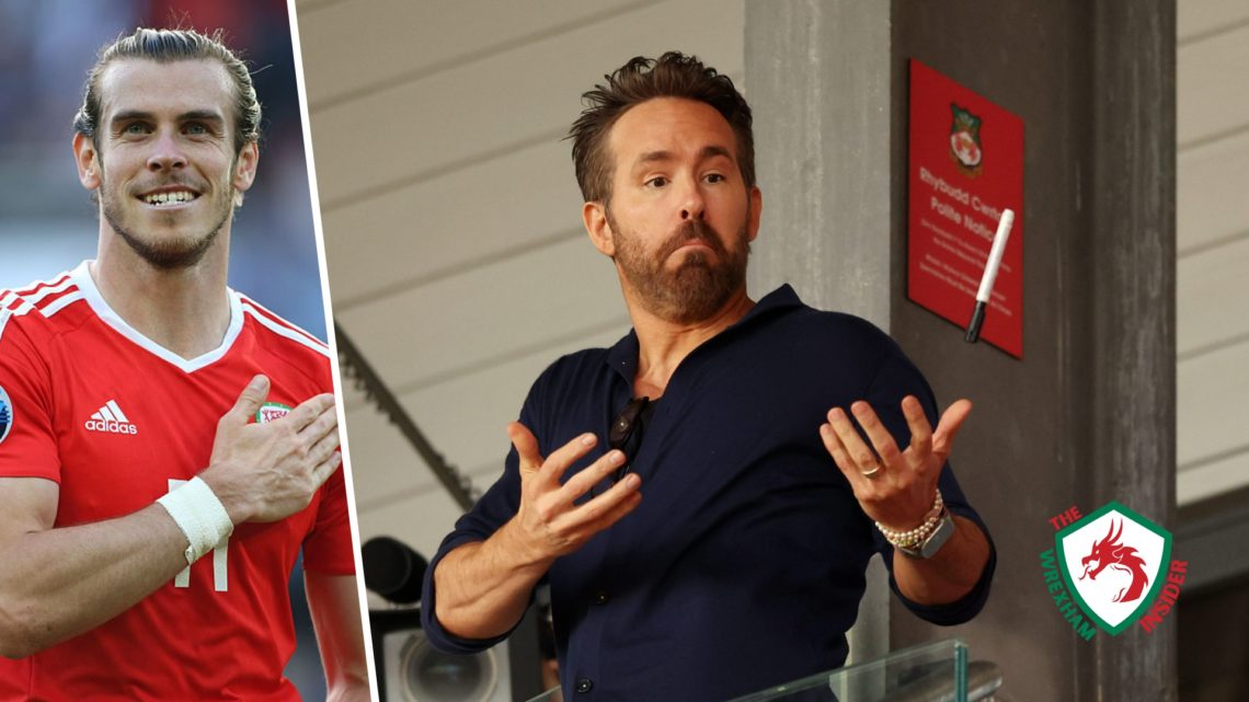 Split image of Gareth Bale playing for Wales and Wrexham co-owner Ryan Reynolds shrugging his shoulders.