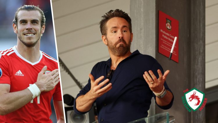 Split image of Gareth Bale playing for Wales and Wrexham co-owner Ryan Reynolds shrugging his shoulders.