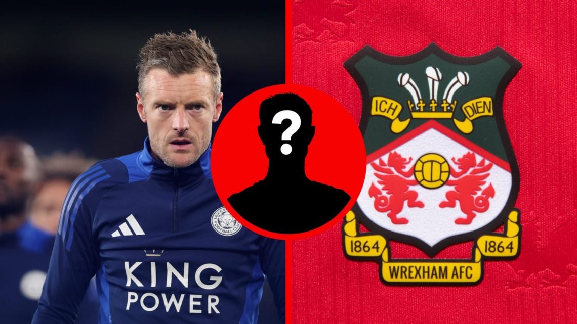 Leicester City striker Jamie Vardy looks on during a warm-up. Wrexham AFC club crest on a shirt.