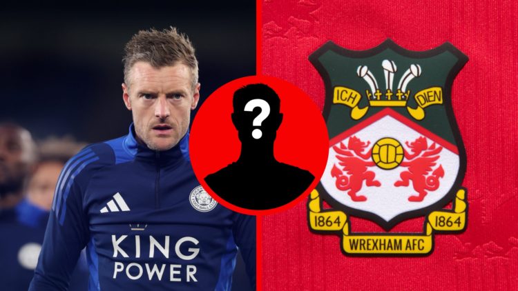 Leicester City striker Jamie Vardy looks on during a warm-up. Wrexham AFC club crest on a shirt.