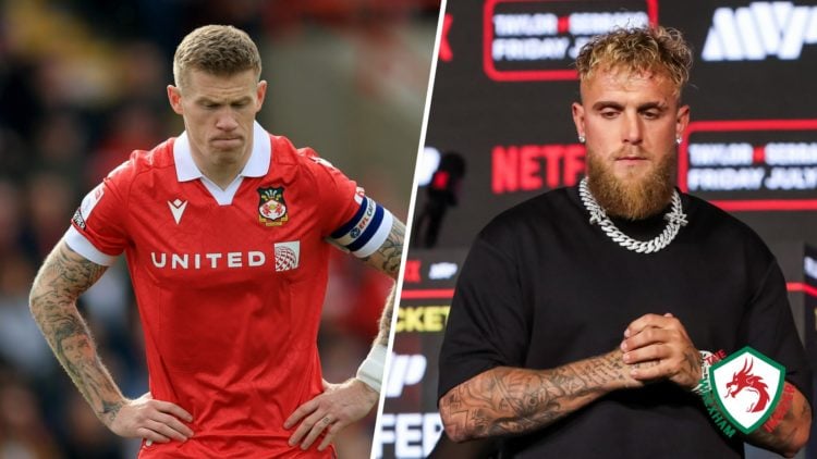Split image of Wrexham AFC player James McClean and boxer Jake Paul during a press conference.