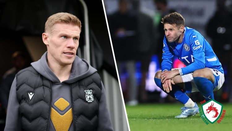 Split image of Wrexham AFC player James McClean before a game, and Stockport County player Oliver Norwood following their League One play-off defea...