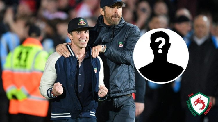 Wrexham owners Ryan Reynolds and Rob McElhenney celebrate winning promotion from the National League. Inset a picture of a mystery player.
