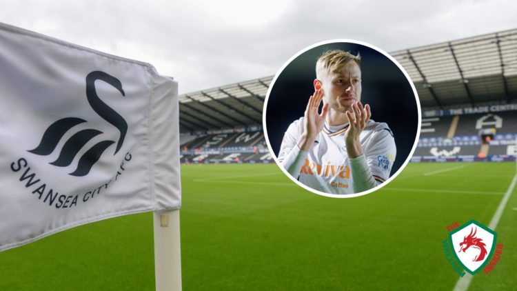 An image of the Swansea City corner flag at their Swansea.com Stadium. Inset a picture of Swansea City centre-back Harry Darling.
