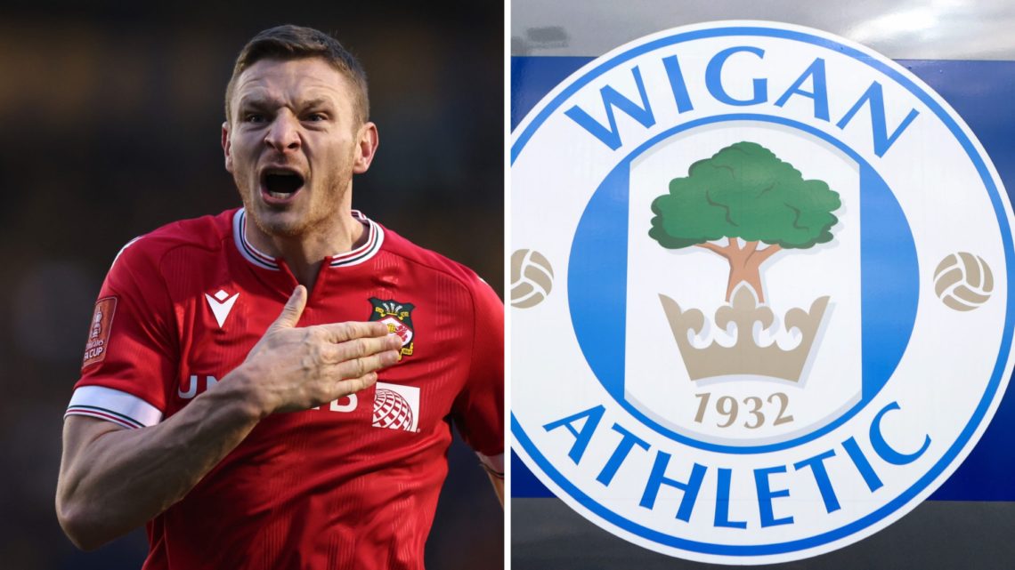 Paul Mullin of Wrexham celebrates the win at the final whistle during the Emirates FA Cup Third Round match between Shrewsbury Town. The club crest...