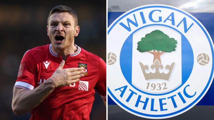Paul Mullin of Wrexham celebrates the win at the final whistle during the Emirates FA Cup Third Round match between Shrewsbury Town. The club crest...