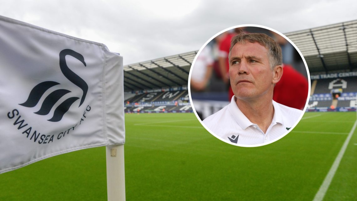 A general view Swansea City's Swansea.com Stadium from the corner flag. Inset, a picture of Wrexham AFC manager Phil Parkinson looking on.