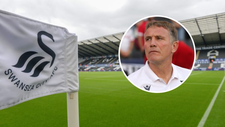 A general view Swansea City's Swansea.com Stadium from the corner flag. Inset, a picture of Wrexham AFC manager Phil Parkinson looking on.