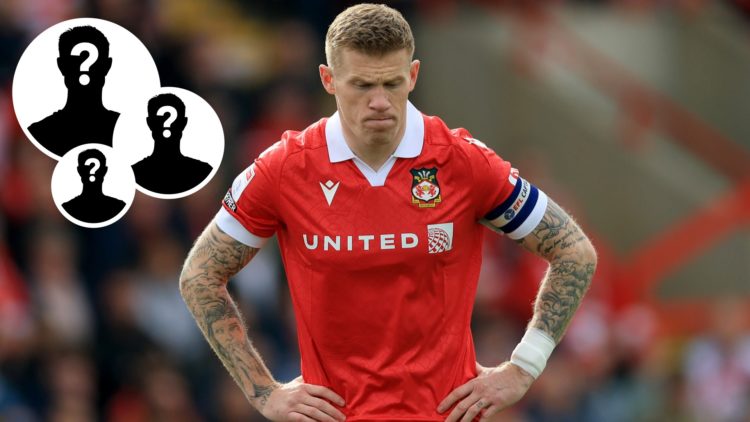 Image of James McClean deep in thought playing for Wrexham, three mystery figures inset