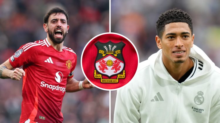 Split image of Jude Bellingham and Bruno Fernandes with Wrexham badge central