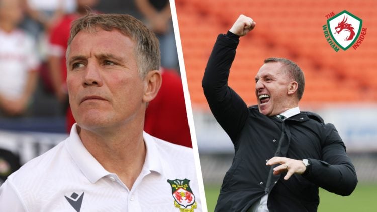 Split image of Wrexham AFC manager Phil Parkinson looking on, and Celtic manager Brendan Rodgers celebrating with the fans.