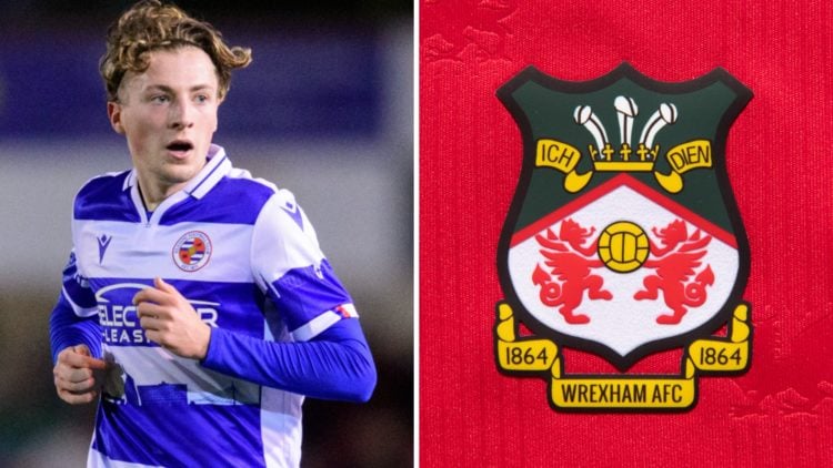 Reading's Charlie Savage during the Sky Bet League One match between Lincoln City and Reading. The official club badge of Wrexham AFC on a home shirt.