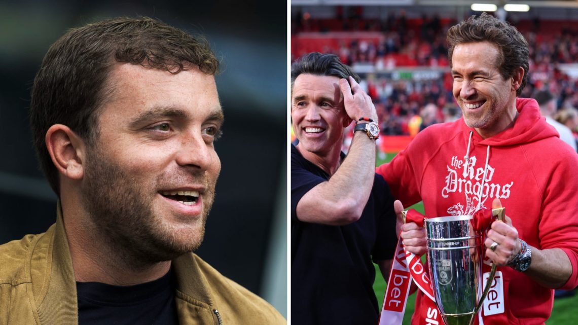 Rob McElhenney and Ryan Reynolds co-owners of Wrexham with the promotion trophy during the Sky Bet League One match between Wrexham AFC and Charlto...