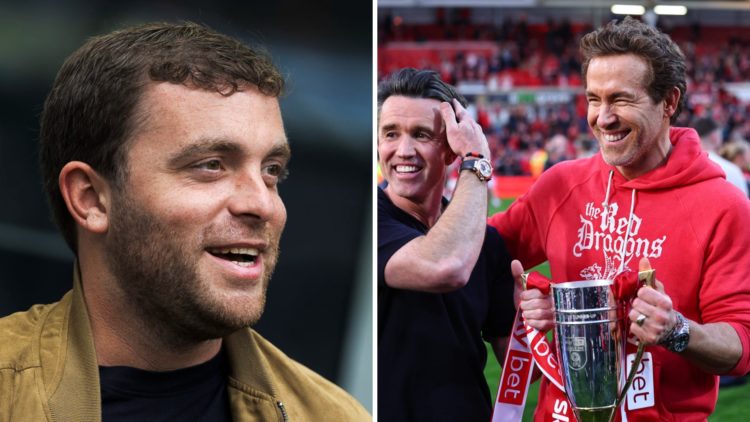 Rob McElhenney and Ryan Reynolds co-owners of Wrexham with the promotion trophy during the Sky Bet League One match between Wrexham AFC and Charlto...