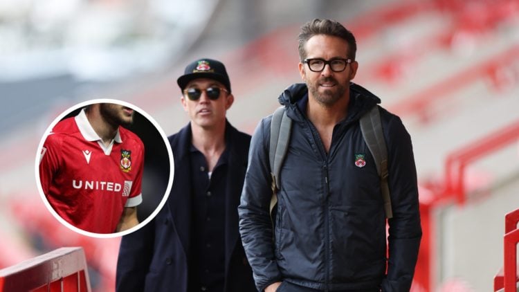 Wrexham owners Rob McElhenney and Ryan Reynolds. Inset, Wrexham shirt.
