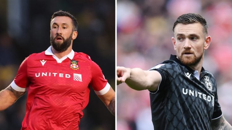 Ollie Palmer of Wrexham looks on during the Emirates FA Cup First Round match between Harrogate Town and Wrexham AFC. Jack Marriott of Wrexham gest...