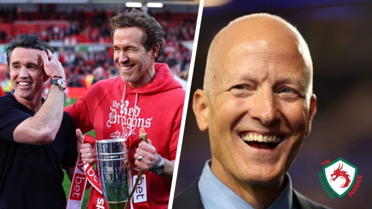 Split image of Wrexham co-owners Ryan Reynolds and Rob McElhenney celebrating promotion to the Championship, and Birmingham City chairman Tom Wagner.